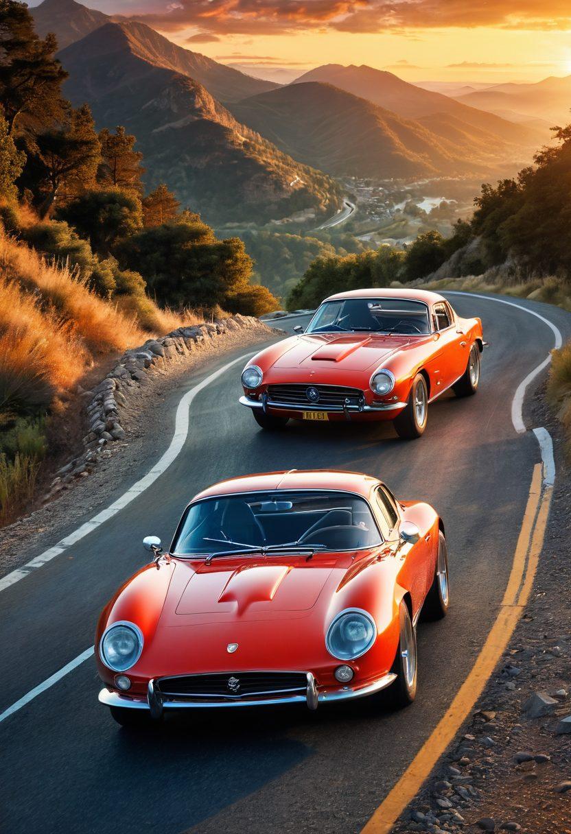 A dynamic scene of a classic sports car racing down a winding mountain road, surrounded by breathtaking landscapes. Add elements of car enthusiasts holding tools and discussing modifications in the foreground, with vibrant sunset colors in the background. Include detailed textures on the car, emphasizing its sleek design. super-realistic. vibrant colors. dramatic lighting.
