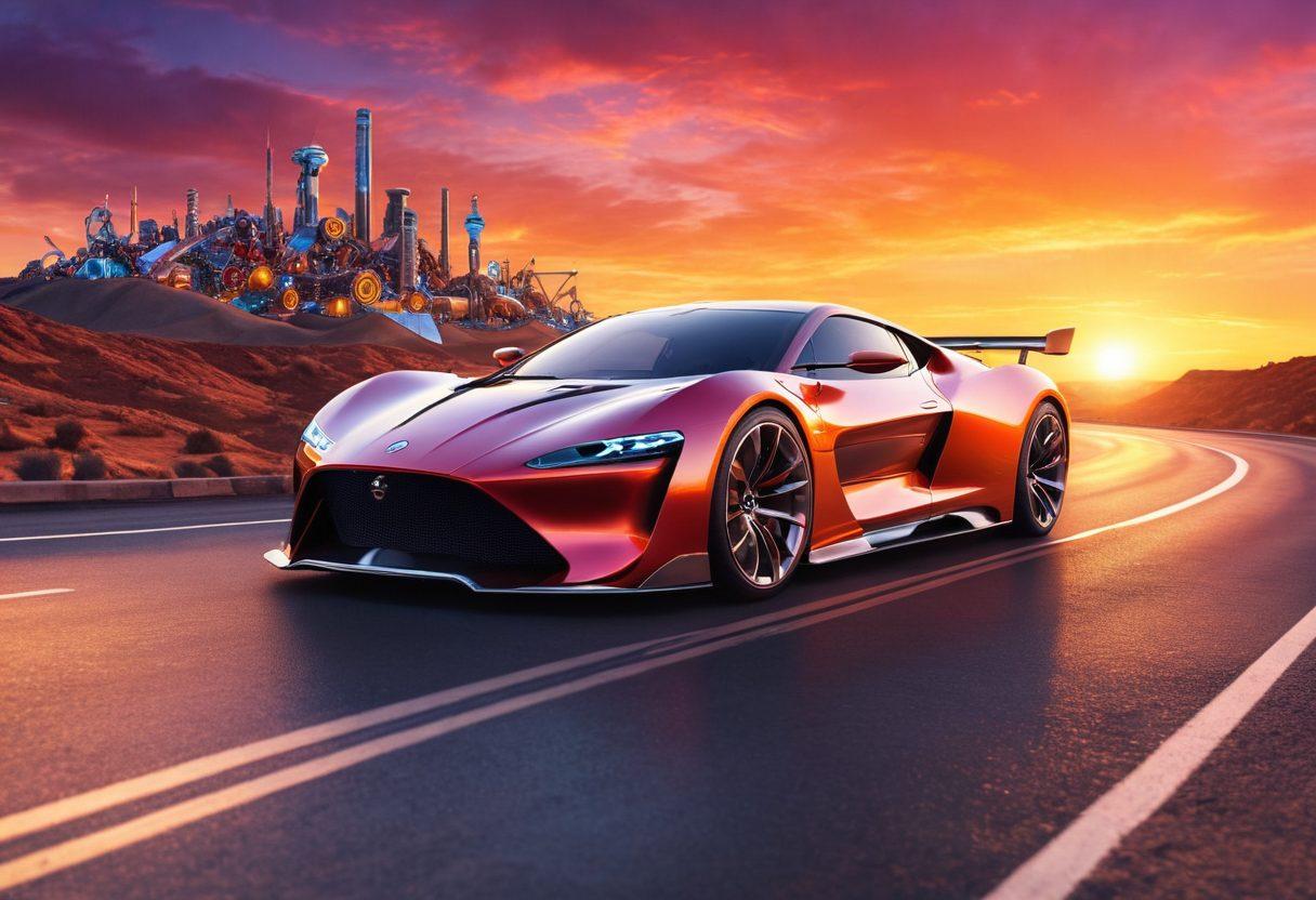 A sleek, futuristic car navigating a winding road with vibrant sunset colors illuminating the horizon, surrounded by automotive tools and gears symbolizing expertise. Include a team of diverse automotive experts discussing insights in the foreground, with a digital navigation map overlay on the scene. super-realistic. vibrant colors. 3D.