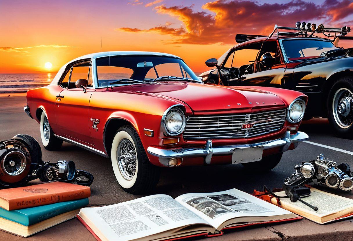 A mesmerizing collage featuring a vintage car, a motorcycle, and a race car, all immersed in a vibrant sunset backdrop. Incorporate dynamic automotive tools like wrenches and gauges scattered artistically around the vehicles. Include floating open books with vehicle guides above the scene to symbolize knowledge and passion. Evoke a sense of adventure and enthusiasm for vehicle culture. super-realistic. vibrant colors. dramatic lighting.